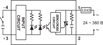 Иллюстрация: Схема подключения твердотельных реле FOTEK серии SSR-K тип AC-DC
